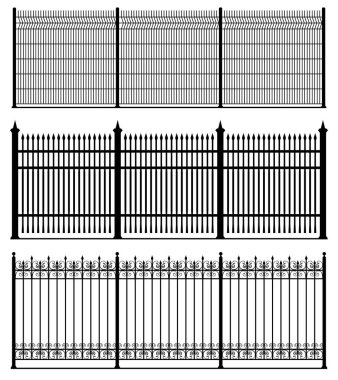 Beyaz arka plan üzerinde izole üç siyah çitler seti, siluet ahşap çit seti