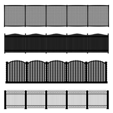 Beyaz arka plan üzerinde izole dört siyah çitler seti, siluet ahşap çit seti