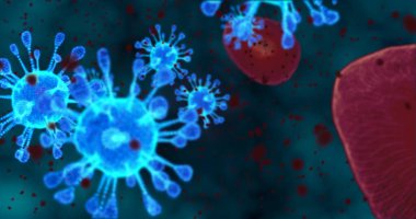 Coronavirus hücreleri. Mikroskop altında solunum enfeksiyonlarına neden olan bir virüs grubu. 3B görüntüleme, 3B resimleme