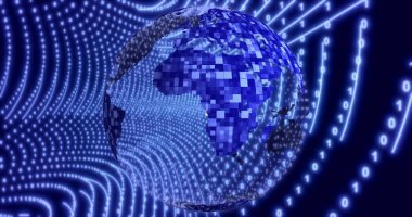 Gezegen Dünya 'nın dönen Neon Dijital ikili arkaplanı. ağ için animasyon, büyük veri, veri merkezi, dijital olay. 3B illüstrasyon