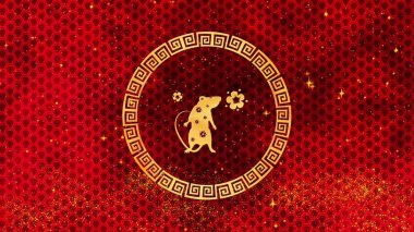 Fare, havai fişek, parıldayan yıldızlar ve çiçeklerle dolu Çin Yeni Yıl geçmişi. Sihirli Mutlu Yeni Yıl dokusu. 3 boyutlu görüntüleme. Sihirli Mutlu yıllar animasyonu.