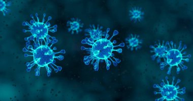 Coronavirus hücreleri. Mikroskop altında solunum enfeksiyonlarına neden olan bir virüs grubu. 3B görüntüleme, 3B resimleme