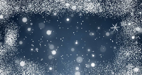 Copos Nieve Confeti Blancos Luces Bokeh Rayos Luz Sobre Fondo — Foto de Stock