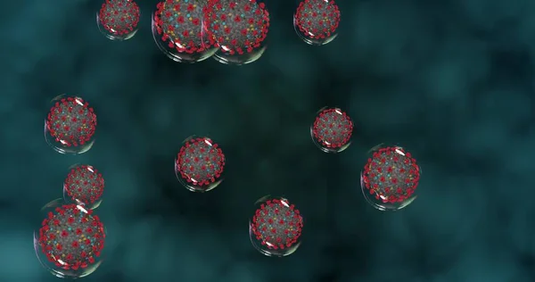 코로나 바이러스 Covid 의작은 물방울은 병원균을 퍼뜨린다 감염을 일으키는 바이러스의 — 스톡 사진