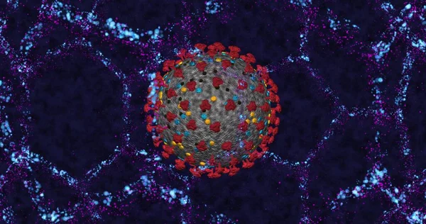 Coronavirus Hücre Covid Neon Moleküler Yapı Arka Planına Yakın Çekim — Stok fotoğraf