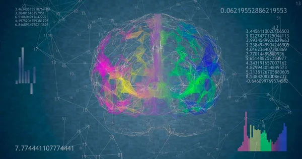 青い背景に360個の低多角形の脳3Dモデルをアニメーションの数と図で回転させます 4Kアニメーション — ストック写真