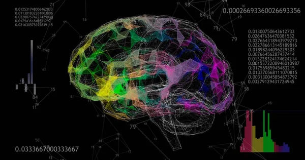 Obrót 360 Niski Wielokątny Model Mózgu Czarnym Tle Animowanymi Liczbami — Zdjęcie stockowe