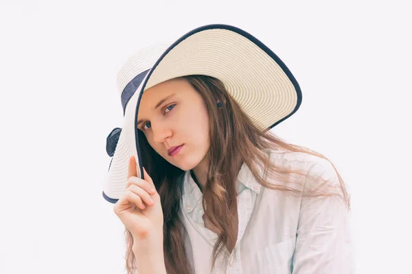 Fashion Young Woman Wide Brimmed Hat White Background — Stock Photo, Image