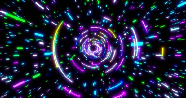 Parlayan neon hatları tüneli. Mavi kırmızı pembe ve mor renkli ışıklandırma. Uzayda flüoresan ultraviyole ışıklar var. Kusursuz 3D görüntüleme arkaplanı. Sanal gerçeklik tasarımı 3D görüntüleme. 3B illüstrasyon