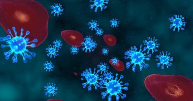 Coronavirus hücreleri. Mikroskop altında solunum enfeksiyonlarına neden olan bir virüs grubu. 3B görüntüleme, 3B resimleme