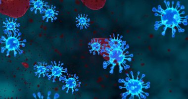 Coronavirus hücreleri. Mikroskop altında solunum enfeksiyonlarına neden olan bir virüs grubu. 3B görüntüleme, 3B resimleme