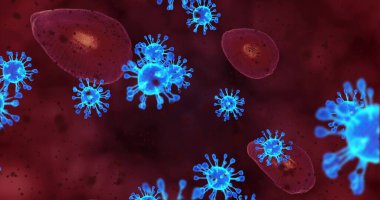 Coronavirus hücreleri. Mikroskop altında solunum enfeksiyonlarına neden olan bir virüs grubu. 3B görüntüleme, 3B resimleme