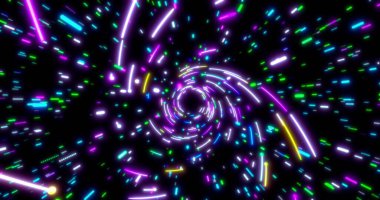 Parlayan neon hatları tüneli. Mavi kırmızı pembe ve mor renkli ışıklandırma. Uzayda flüoresan ultraviyole ışıklar var. Kusursuz 3D görüntüleme arkaplanı. Sanal gerçeklik tasarımı 3D görüntüleme. 3B illüstrasyon