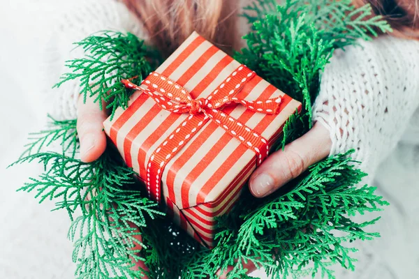 Christmas New Year Gift Box Woman Hands — Stock Photo, Image