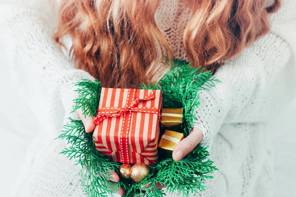 Christmas New Year Gift Box Woman Hands — Stock Photo, Image