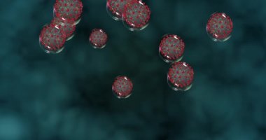 Mavi arka planda Coronavirus hücreleri. Covid-19 'lu küçük damlacıklar patojen yayıyor. 3B görüntüleme döngüsü 4k