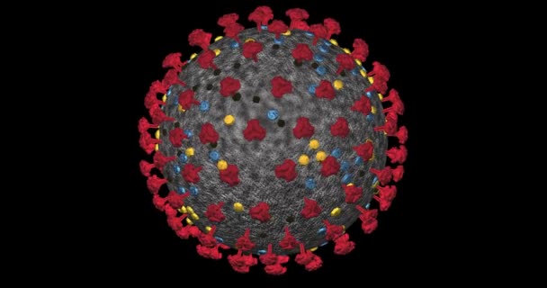 Célula del Coronavirus COVID-19 de cerca sobre fondo negro. Lazo de renderizado 3D 4k con chanel alfa — Vídeo de stock