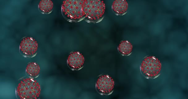 Komórki koronawirusowe na niebieskim tle. Małe kropelki z Covid-19 rozprzestrzeniają patogeny. Pętla renderowania 3D 4k — Wideo stockowe