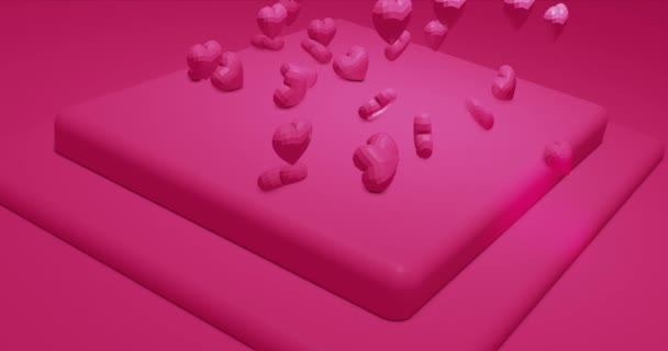 Pinkfarbene süße fallende polygonale Herzen. Valentinstag. Ereignishintergrund. 3D Rendering loopable Animation 4k — Stockvideo