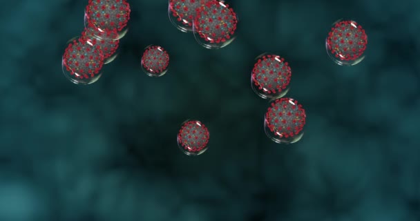 Коронавирусные клетки на синем фоне. Маленькие капли с ковид-19 распространяют патогены. Цикл 3D рендеринга 4k — стоковое видео