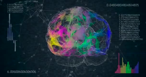 Obrót 360 niski wielokątny model 3D mózgu na czarnym tle z animowanymi liczbami i diagramami. Animacja 4k — Wideo stockowe