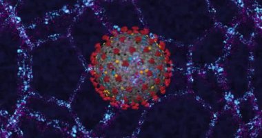 Coronavirus hücre COVID-19 neon moleküler yapı arka planına yakın çekim. 3B görüntüleme döngüsü 4k