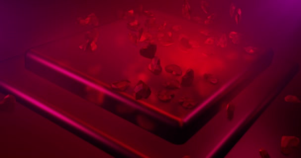 Corazones poligonales rojos cayendo en el glamuroso podio. Fondo evento Día de San Valentín. Representación 3D animación loopable 4k — Vídeo de stock