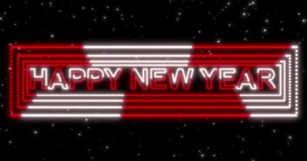 Happy New Year 2020 red and white neon sign background with lights. Seamless loop 4k animation. — Stock Video