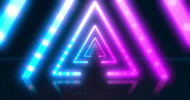Flüoresan ultraviyole ışığı olan soyut neon uçan üçgen tünel. Farklı Renkler Gökkuşağı. Kusursuz döngü 4k