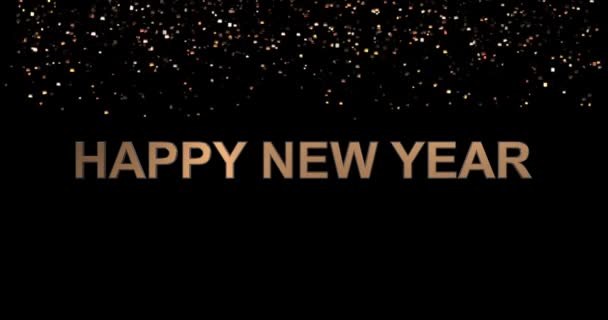 輝くと輝くコンフェッティと幸せな新年の黄金のサインの背景。シームレスループ4kアニメーション — ストック動画
