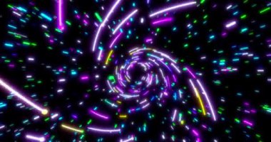 Parlayan neon hatları tüneli. Mavi kırmızı pembe ve mor renkli ışıklandırma. Uzayda flüoresan ultraviyole ışıklar var. Kusursuz döngü 4k arkaplanı.