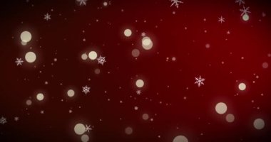 Kırmızı Mutlu Noeller arka planında altın konfeti kar taneleri ve ışık saçan bokeh ışıkları. Sihirli mutlu yeni yıl dokusu. 3B görüntüleme