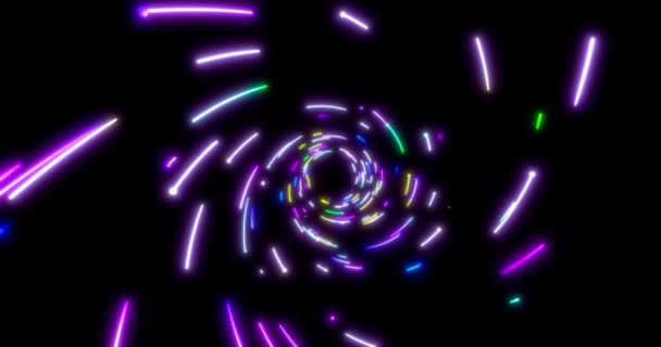 Un luminoso tunnel di linee al neon. Blu rosso rosa e viola illuminazione colorata. Luci ultraviolette fluorescenti nello spazio. loop senza soluzione di continuità 4k sfondo . — Video Stock