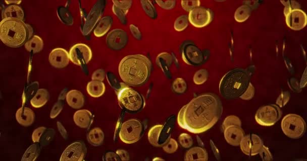 Arany kínai érmék piros háttérrel. 3D renderelés