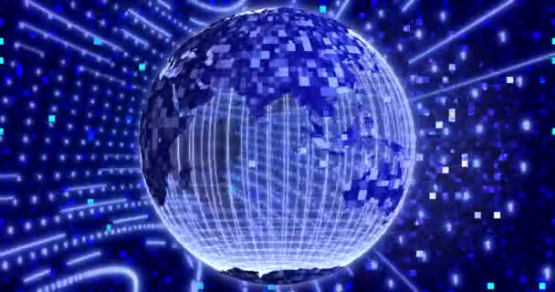 回転する惑星地球との青いネオンデジタルバイナリ背景 ネットワーク ビッグデータ データセンター デジタルイベント用のシームレスなループ4Kアニメーション — ストック動画