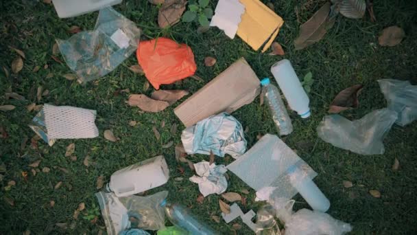 Pile à ordures dispersée dans le parc. Concept de problème de pollution environnementale. Vidéo 4K — Video