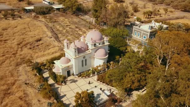 Orthodox Church Twelve Apostles Sea Galilee Capernaum Aerial Orbit — Stock Video