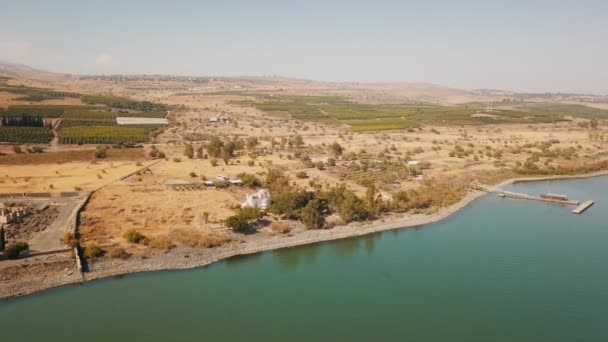 Aeral Dolly Lake Kafarnaüm Uitzicht Kust Orthodoxe Kerk Van Apostelen — Stockvideo