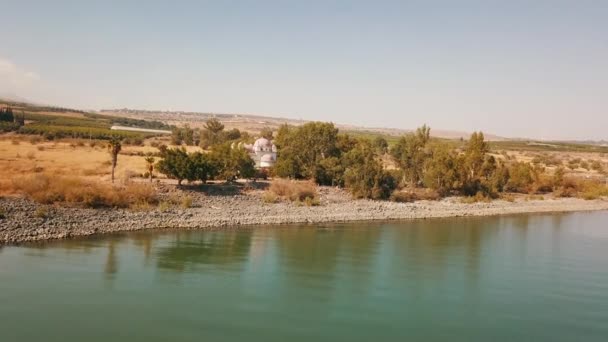 Chiesa Ortodossa Dei Dodici Apostoli Mare Galilea Cafarnao Centralino Aereo — Video Stock