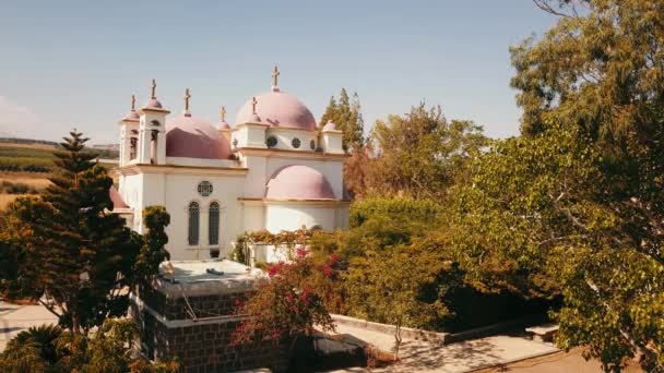 Orthodox Church Twelve Apostles Sea Galilee Capernaum Aerial Dolly — Stock Video
