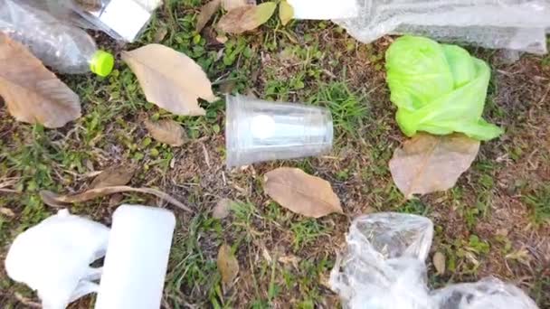 ガベージパイル草の上に散らばっていた 環境汚染の概念 4Kビデオ — ストック動画