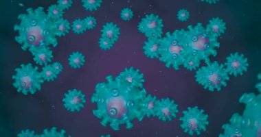 Coronavirus hücreleri. Mikroskop altında solunum enfeksiyonlarına neden olan bir virüs grubu. 3B görüntüleme döngüsü 4k