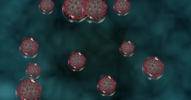 Coronavirus hücreleri. Covid-19 'lu küçük damlacıklar patojen yayıyor. Solunum enfeksiyonlarına neden olan bir grup virüs. 3B görüntüleme döngüsü 4k