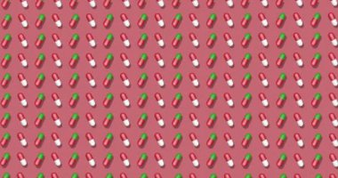 Kırmızı arka planda haplar. Instagram, facebook, youtube kanalı için parlak bir arkaplan. Canlandırma 3D render, döngü 4k