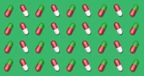 Green Background with pills. Backdrop with bright pattern for instagram, facebook, youtube channel. Animation 3d render, loop 4k