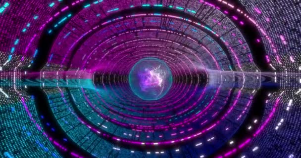 Latar Belakang Neon Circle Dengan Terowongan Data Fluorescent Ultraviolet Cahaya — Stok Video