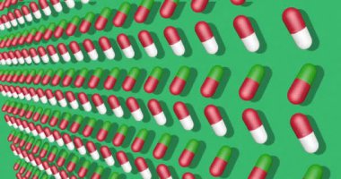 Yeşil arka planda haplar. Instagram, facebook, youtube kanalı için parlak bir arkaplan. Canlandırma 3D render, döngü 4k