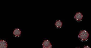 Coronavirus hücreleri. Covid-19 'lu küçük damlacıklar patojen yayıyor. Solunum enfeksiyonlarına neden olan bir grup virüs. 3B görüntüleme döngüsü 4k