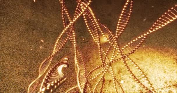 Fond géométrique doré avec des tourbillons de molécules d'ADN. Papier peint numérique pour la beauté et la chirurgie plastique clinique. Concept d'innovation et médecine. Boucle de rendu 3D 4k