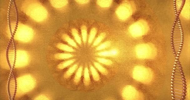 Dna分子の渦を持つ黄金の幾何学的背景 美容整形クリニック用デジタル壁紙 イノベーションと医療の概念 3Dレンダリングループ4K — ストック動画